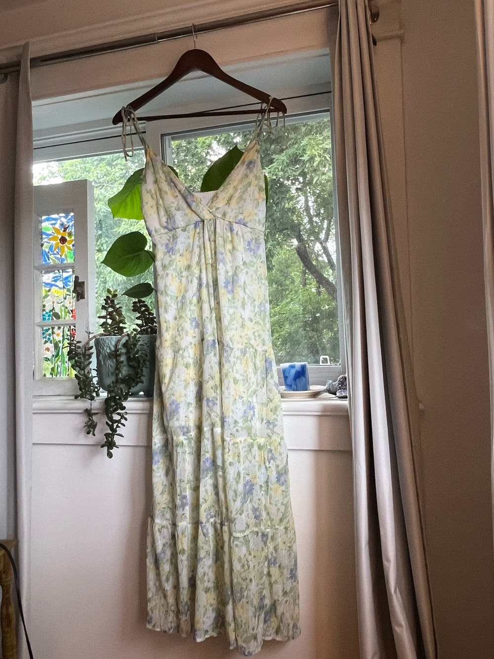 Tie-Strap Floral Maxi Dress in Pale Yellow and Lavender